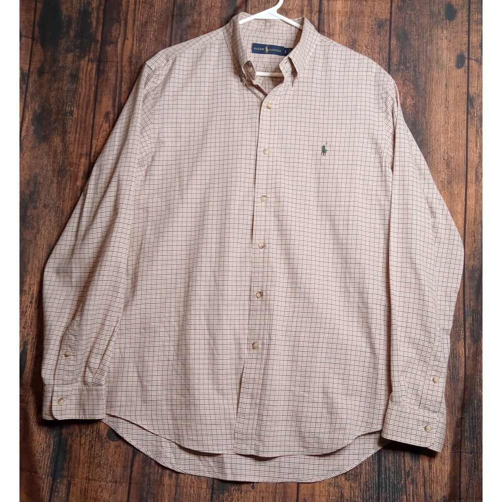 Ralph Lauren Men's Long Sleeve Button Down Shirt Size Large Tan Check